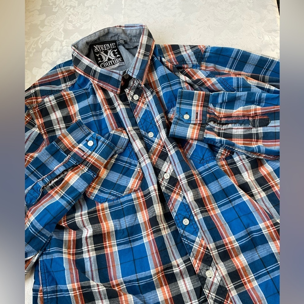 Xtreme Couture 100% Cotton Shirt Mens Size XXL Blue Orange Plaid Button Up - Picture 1 of 9